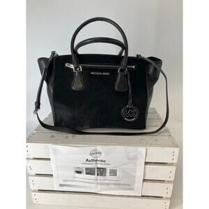MICHAEL KORS, LARGE DYED CALF HAIR BLACK LEATHER SHOULDER BAG